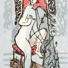 Istuv figuur by Eduard Rüga, 1952, värviline linoollõige, sold Oct 2007