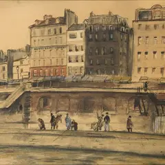 Andrus Johani, Seine´i kallas õngitsejatega, 1937, Süsi, värviline kriit, paber