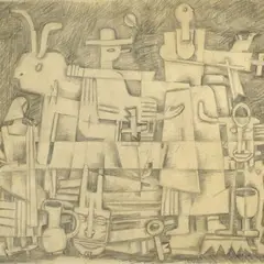 Adamson-Eric, Kompositsioon härja ja maskidega, 1938, Pliiats, paber