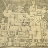 Adamson-Eric, Kompositsioon härja ja maskidega, 1938, Pliiats, paber