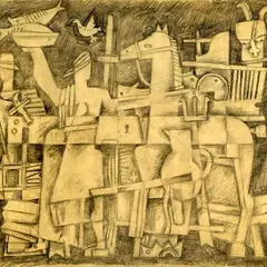 Adamson-Eric, Kompositsioon hobuse ja inimestega, 1938, Pliiats, paber