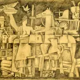 Adamson-Eric, Kompositsioon hobuse ja inimestega, 1938, Pliiats, paber