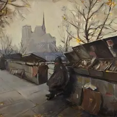 Andrus Johani, Bukinist Tournelle’i kaldapealsel, 1937, Õli, lõuend