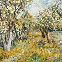 Otto Paas, Õitsvad õunapuud, 1946, Õli, papp