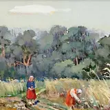 Juhan Püttsepp, Kihnu maastik tütarlastega, 1954, Õli, papp