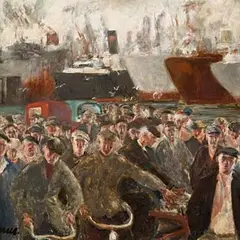 Eerik Haamer, Laevatehase töölised tulevad maale, 1950, Õli, masoniit