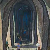 Varmo Pirk, Turistid Piusa koobastes, 1963, Tempera, papp