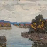 Karl August Hindrey, Maastik järvega, 1900, Õli, vineer