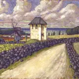 Konrad Mägi, Maastik kellatorniga (Kihelkonna), 1913, Õli, lõuend