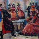 Teatristseen (Mustlasparun) by Johannes Greenberg, 1940, Õli, kartong, sold Apr 2003