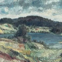 Aleksander Vardi, Maastik järvega, 1946, Õli, papp