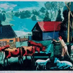 Loomade jootmine by Eduard Rüga, 1942, Värviline puugravüür, sold Apr 2000