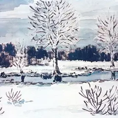 Jaan Vahtra, Esimene lumi, 1943, Akvarell, õli, paber