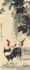 Gao Jianfu. Lingnan School, Gao Jianfu. Lingnan School, Rooster and hen below snake gourd. Hanging scroll. Ink and colour on paper. Inscription, dated Minguo 14th year (1925), signed Jianfu and sealed Jianfu wu yang