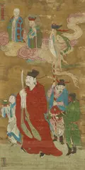 Anonymer Maler des 19. Jh., Anonymous painter. 17th/18th century, A Daoist city god. Inscription: Qi ... He Huai bin ... lu, on the banner: Qing sheng Chenghuang, and Xinguan Wang Youguang gong (donated by the official Wang Youguang). Ink and colour on silk. 17th/18th century