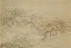 Min Zhen, Min Zhen, Scholar between trees. Ink and light colour on silk. Mounted. Signed Min Zhen and sealed Zhen