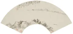 Unidentified painter, Fang Ji and an unidentified artist, Two fan paintings by a) Fang Ji. Blossoming branch and fruit. Inscription, signed Jingyang Fang Ji xie and two seals. Ink on paper. b) an unidentified artist. River landscape. Ink on paper. Inscription, dated cyclically guihai (1863/1923) and five seals, one more seal on the cardboard. (2) a)