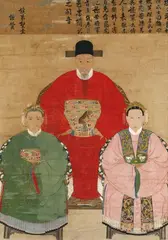 Anonymous.19th century by and Anonymous, A large ancestor portrait of a Korean court official flanked by two women. Inscription, including name of the official ., sold Jun 2015