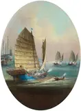 Youqua, Youqua, attributed to. Ca.1840-1880, Four naval scenes on the Yuejiang-River near Canton. a) Three junks during manoeuvres; b) Ningpo junks and passenger junks by the Whampoa pagoda; c) Ningpo junk; d) River pasenger junk in front of Fort Dahuangjiao. Oil on canvas (relined). Each framed. (4) All 4 relined in orininal strainers One canvas (a) with important restaured crack Retouches