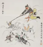 Guan Liang, Guan Liang, The Monkey King Su Wukong's great turmoil in Heaven's Palace. Backed. Ink and colour on paper. Inscription, signed Liang gong and sealed Guan Liang. Two tears to paper