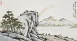 Feng Zikai, in the manner of by in the manner of Feng Zikai, Landscape with rainbow. Ink and colour on paper. Inscribed Zikai and sealed Feng Zikai and one more seal, sold Jun 2015