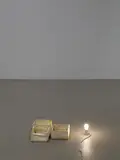 Lawrence Carroll, Untitled, 1994, Installation: 3 wooden boxes, retouched with canvas, oil colours and wax and with light bulb, bulb fitting and plug. Each box approx