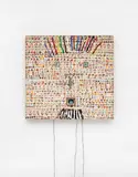 Nam June Paik, Ginsberg, 1989, Acrylic over colour silkscreen on canvas, collaged with metal elements and 3 watchman, electric cable