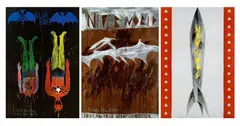 Andreas Höfer, Blue Bolt Lightning/Never World/New Gods, 2004, 3-piece work: each acrylic and paint on fabric. Overall dimension
