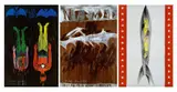 Andreas Höfer, Blue Bolt Lightning/Never World/New Gods, 2004, 3-piece work: each acrylic and paint on fabric. Overall dimension