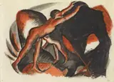 Franz Marc, Zwei rote Jünglingsakte auf Schwarz, 1912, Red India ink and gouache on sketchbook paper