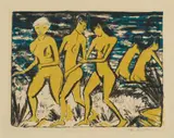 Otto Mueller, Fünf gelbe Akte am Wasser (Fünf Mädchen am Strand. Nordsee; Badende Mädchen), 1921, Colour lithograph on yellowish, slightly hammered laid paper