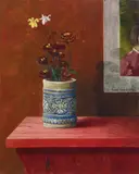 Franz Radziwill, Stilleben mit Blumen in blaugrau-gemustertem Steinkrug, 1932, Oil on panel