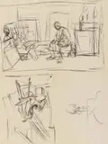 Diego assis sur le lit dans l'atelier / Le Chien sur un tabouret dans l'atelier / Buste by Alberto Giacometti, Circa 1951, Three drawings with black lithographic crayon on a sheet of smooth wove paper, offered May 2015