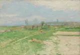 Paul Baum, Fußpfad an Rasenhang in sandiger Wiesenlandschaft, Haus und Allee in der Ferne, Circa 1891, Oil on canvas
