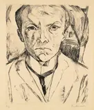 Max Beckmann, Selbstbildnis von vorn, im Hintergrund Hausgiebel, 1918, Kaltnadel auf Velin