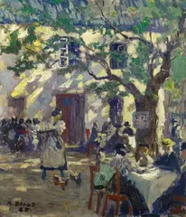 Biergarten by Richard Bloos, Oil on panel, sold May 2015