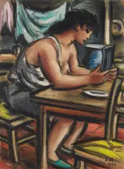 Frans Masereel, Paysanne aux seins nues attablée, 1944, Oil on card