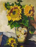 Heinrich Nauen, Sonnenblumen in bemalter Vase mit Doppelhenkel
