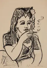 Marta rauchend by Max Pechstein, India ink drawing over pencil on firm, slightly grained paper with perforation to the left margin 21.8 x 14.8/, sold May 2015