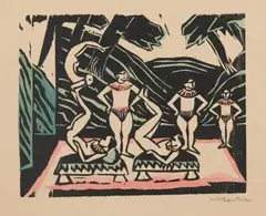 Akrobaten III by Max Pechstein, 1912, Colour woodcut, stencil-coloured, on heavy laid paper with blindstamp "DIE SCHAFFENDEN", offered May 2015