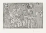 Pablo Picasso, Baigneuse et putto flûtiste, avec des hommes en tenue de plage, 1968, Etching and aquatint on wove paper