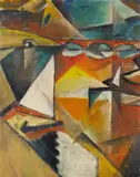 Paul Adolf Seehaus, Segelboot vor Brücke, 1913, Oil on canvas, mounted on board