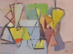 Geer van Velde, Composition (Intérieur avec personnages), Circa 1944, Gouache on card / watercolour on card, double sided 23.7/