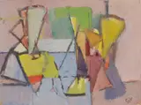 Geer van Velde, Composition (Intérieur avec personnages), Circa 1944, Gouache on card / watercolour on card, double sided 23.7/