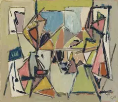 Geer van Velde, Composition (Personnages autour d'une table), Circa 1944, Gouache, pencil and black chalk on card, double sided