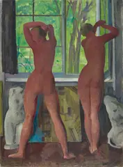 Curt Witte, Zwei Mädchen vor geöffnetem Atelierfenster in Kassel der Akademie Kassel mit Blick in den Garten (Rückenakte), Probably 1920s, Oil on canvas