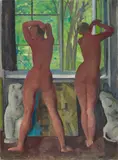Curt Witte, Zwei Mädchen vor geöffnetem Atelierfenster in Kassel der Akademie Kassel mit Blick in den Garten (Rückenakte), Probably 1920s, Oil on canvas