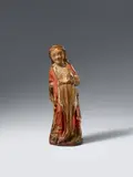 Cologne ca. 1330, A wooden figure of a standing Saint, Cologne circa 1330., Hardwood (possibly oak), carved in the round. With the original polychromy, the flesh tones overpainted. A finely carved figure of a crowned female saint standing in contrapposto with the right foot extended. The graceful curve of her body is accentuated by the posture of the head and arms and the drapery of her clothing. The overall design of the work and especially the facial features show direct stylistic parallels to the Cologne Madonnas and other Rhenish sculpture of the early 14th century. The work is inscribed "60-2-1" to the lower edge of the reverse. The right hand, formerly attached via a dowel, now lost. The left hand was a later addition and was removed after 1998. The tips of the feet replaced. Minor wear