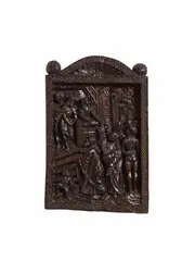 Flemish early 16th century, An early 16th century Flemish high-relief ecce homo scene., Dark brown patinated wood.. A broad frame with a semicircular upper section containing a densely populated scene of Christ being presented to the people, probably based on a contemporary print. The left hand of the lower central figure lost. Minor abrasion and wear