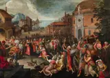 Flemish School ca. 1600, The Saints Paul and Barnabas in Lystra, Oil on panel (parquetted)